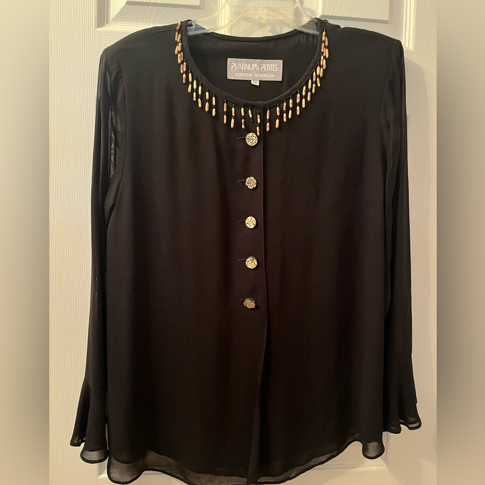Vintage Platinum sheer blouse; exquisite beaded neckline, ruffled cuffs. Size MP